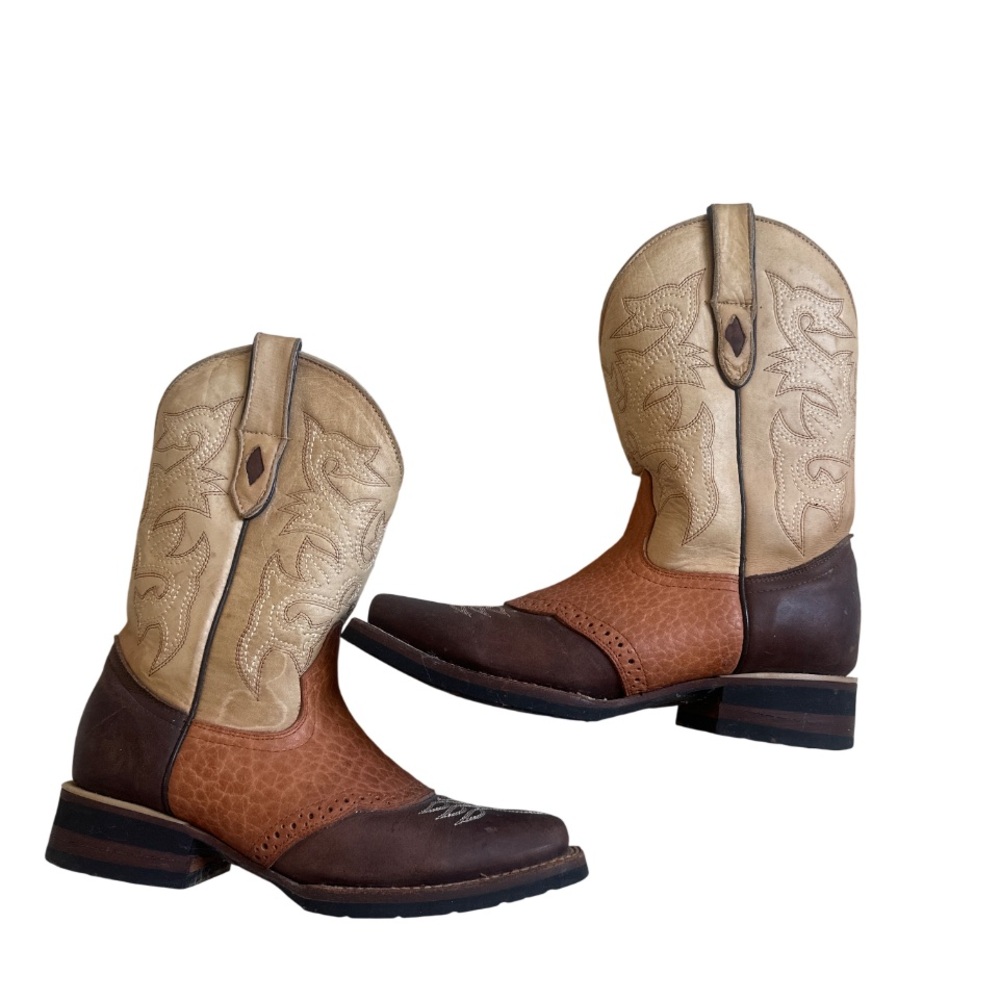 Ranger Bullhide Leather Western Cowboy Boots Sz 7.5 Square Toe Tri-Tone Festival